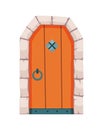 Fairytale door medieval. Element of medieval castle or fortres. Wooden portal with stone arch, forged metal hinges