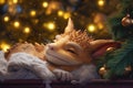 A fairytale dragon sleeps near a Christmas fir tree against a background of blurred lights.