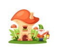 Fairytale Dwarf Holding Lantern Near The Mushroom House. Cartoon Gnome Dwelling. Home With Wooden Door Royalty Free Stock Photo