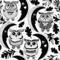 Cartoon seamless pattern with owls, moon and oak leaves. Vector illustration on white. Black and white. Perfect for design