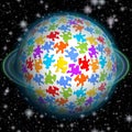 Fairytale fantastic puzzle planet with turquoise ring on black background full of stars Royalty Free Stock Photo