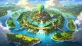 a fairytale fantasy beach world, aerial view, ai generated image