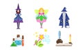 Fairytale Fantasy Characters with Magical Equipment Set, Witch, Fairy, Sorcerer, Potion, Magic Wand, Magic Book Vector Royalty Free Stock Photo