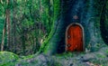 Fairytale fantasy house in tree trunk in forest Royalty Free Stock Photo