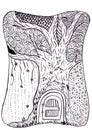 Fairytale fantasy house in tree trunk. Magical hand drawn illustration. Line art for coloring book or card Royalty Free Stock Photo