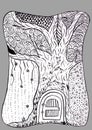 Fairytale fantasy house in tree trunk. Magical hand drawn illustration. Line art for coloring book or card Royalty Free Stock Photo