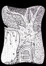 Fairytale fantasy house in tree trunk. Magical hand drawn illustration. Line art for coloring book or card Royalty Free Stock Photo