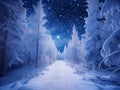 Fairytale forest covered with snow in the moonlight. Winter landscape. New Year concept