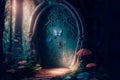 Fairytale forest with magical secret wooden door Generative AI