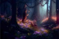 Fairytale forest at night, fantasy glowing flowers in magic wood, generative AI