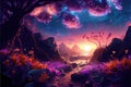 Fairytale forest at night, scenery of fantasy purple flowers and blossom, generative AI Royalty Free Stock Photo