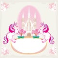 Fairytale frame with magic castle and unicorns