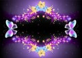 Fairytale frame with magical transparent butterflies and flowers against the background of the starry night sky. Abstract