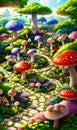 Fairytale garden full of flowers and giant colorful mushrooms. Generative Ai