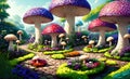 Fairytale garden full of flowers and giant colorful mushrooms. Generative Ai