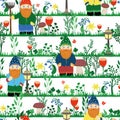 Fairytale garden gnome in a cap, with a rake. seamless vector pattern. colorful, bright flower illustration Royalty Free Stock Photo