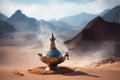 Fairytale genie lamp in the sand with mystical smoke,