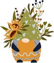 Fairytale Gnome with sunflower and leaves in a green hat. Spring - summer gnome on white background. Vector illustration