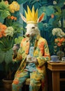 Fairytale goat surrounded by flowers. Gorgeous illustrations of characteristic animal portraits in the style of colorful