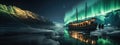 Fairytale green loops in the sky, Aurora Borealis over a pleasure boat between icebergs in the Arctic Ocean, Northern