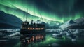 Fairytale green loops in the sky, Aurora Borealis over a pleasure boat between icebergs in the Arctic Ocean, Northern
