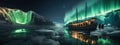 Fairytale green loops in the sky, Aurora Borealis over a pleasure boat between icebergs in the Arctic Ocean, Northern