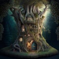 A fairytale habitation inside a tree trunk is a fantasy house in a magic forest. Generated By AI Royalty Free Stock Photo