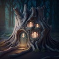 A fairytale habitation inside a tree trunk is a fantasy house in a magic forest. Generated By AI Royalty Free Stock Photo