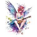 Fairytale heroine. Full length illustration of a cool modern fairy and miniskirt playing electric guitar on a