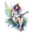 Fairytale heroine. Full length illustration of a cool modern fairy and miniskirt playing electric guitar on a