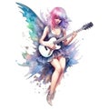 Fairytale heroine. Full length illustration of a cool modern fairy and miniskirt playing electric guitar on a