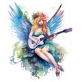 Fairytale heroine. Full length illustration of a cool modern fairy and miniskirt playing electric guitar on a