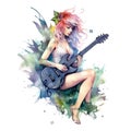 Fairytale heroine. Full length illustration of a cool modern fairy and miniskirt playing electric guitar on a