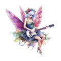 Fairytale heroine. Full length illustration of a cool modern fairy and miniskirt playing electric guitar on a