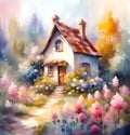 Fairytale house with flowers, cute watercolor ink style illustration
