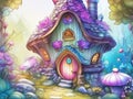 Fairytale house with flowers, cute watercolor ink style illustration