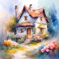 Fairytale house with flowers, cute watercolor ink style illustration