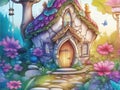 Fairytale house with flowers, cute watercolor ink style illustration