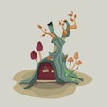 A fairytale house of a forest dweller. Goblin. A house on a tree. The door to a cozy home. Forest. Vector abstract illustrations