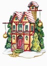 Fairytale house hand drawn watercolor illustration. Fabulous hut facade surrounded by decorated New Year trees