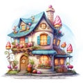 Fairytale house with ice cream. Watercolor illustration on white background.