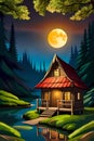 Fairytale hut by the brook in dark forest at moonlit night Royalty Free Stock Photo