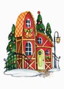 Fairytale hut hand drawn watercolor illustration. Fabulous house with decorated New Year trees