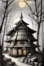 Fairytale hut of witch in dark gloomy forest