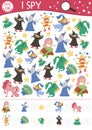 Fairytale I spy game for kids with fantasy creatures. Searching and counting activity with witch, dragon, frog prince. Magic Royalty Free Stock Photo