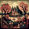 Fairytale illustration in folk art style Royalty Free Stock Photo