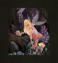 Fairytale illustration cute fairy with transparent wings sitting on a mushroom with snail in front of magic dark forest