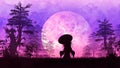 Fairytale illustration with lilac cosmic sky and clouds, magic purple landscape with a female silhouette in a big hat and a robe Royalty Free Stock Photo