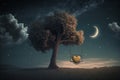 Fairytale illustration of an old tree with a wooden swing set with moon in the evening. Lonely Heart. lonliness