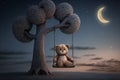 Fairytale illustration of an old tree with a wooden swing set with moon in the evening. Lonely Teddy. lonliness Royalty Free Stock Photo